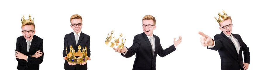 Wall Mural - Young businessman with crown isolated on white