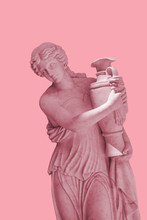 Pink Background And Young Girl In Ancient Greek Sculpture Holding A Vase