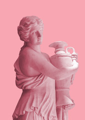 Pink background and young girl in ancient Greek sculpture holding a vase