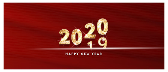 Wall Mural - 2020 Happy new year. Gold Design of greeting card. Gold Shining Pattern. Happy New Year Banner with 2020 Numbers on Bright Background. Vector illustration	