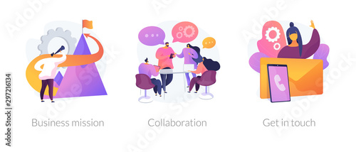 Fotografía Company development direction, team building exercise, corporate communication icons set
