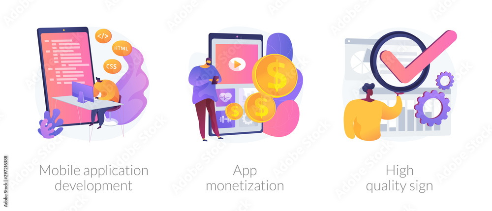 Smartphone software, profit receiving, successful rating icons set. Mobile application development, app monetization, high quality sign metaphors. Vector isolated concept metaphor illustrations - obrazy, fototapety, plakaty 