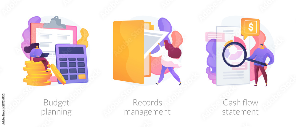 Money savings estimation, files organization system, financial report icons set. Budget planning, records management, cash flow statement metaphors. Vector isolated concept metaphor illustrations - obrazy, fototapety, plakaty 