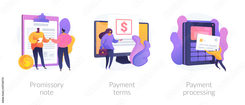 Money loan contract, exchange bill, online banking service, cash withdrawal icons set. Promissory note, payment terms, payment processing metaphors. Vector isolated concept metaphor illustrations - obrazy, fototapety, plakaty 