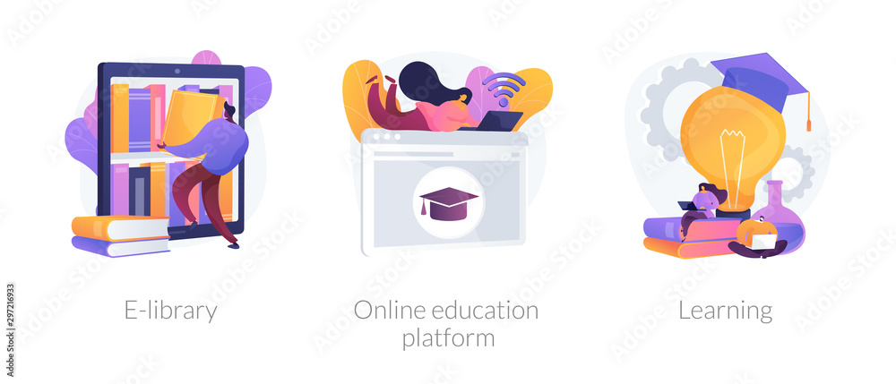 Internet bookstore, remote training classes service, academic graduation icons set. E-library, online education platform, learning metaphors. Vector isolated concept metaphor illustrations - obrazy, fototapety, plakaty 
