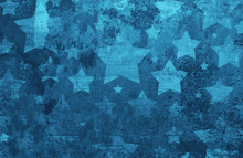 Stars On Distressed Old Vintage Blue Background Wall With Cracks And Peeling Paint On Barn Wood Grunge Texture, Faded Patriotic Background For July 4th, Veteran's Day, Memorial Day