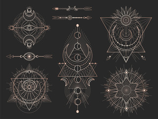 Wall Mural - Vector set of Sacred geometric symbols and figures on black background. Abstract mystic signs collection.