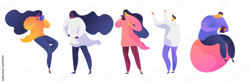 Men and women using smartphones vector illustrations set. Male and ...