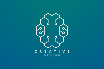 Wall Mural - Design abstract brain shape logo with technology style. Simple and modern vector design for business brand in the field of digital technology, network, internet, media, data, electronic, software.