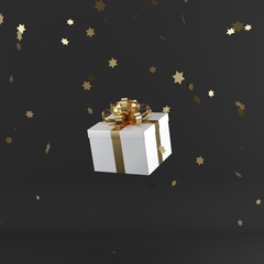 Wall Mural - White gift box with golden color ribbon on black color background. minimal christmas newyear concept. 3D Render.