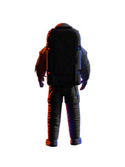standing astronaut looking into empty space, isolated on white background
