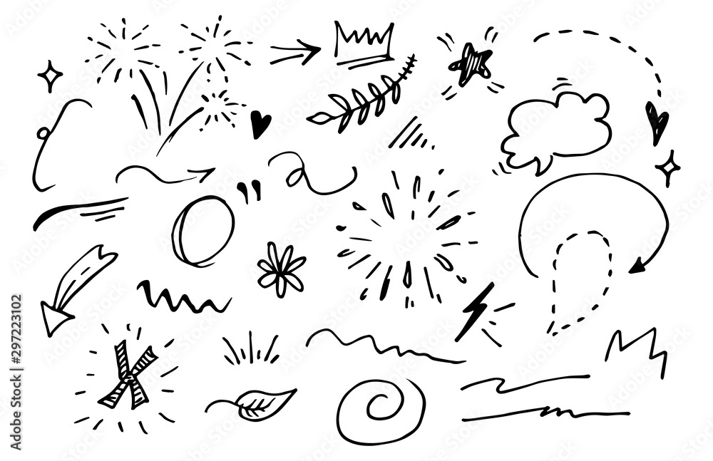 Vector hand drawn collection of design element. curly swishes, swoops, swirl, arrow, heart, love, crown, flower, star, firework, highlight text and emphasis element. use for concept design - obrazy, fototapety, plakaty 