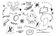 Vector hand drawn collection of design element. curly swishes, swoops, swirl, arrow, heart, love, crown, flower, star, firework, highlight text and emphasis element. use for concept design
