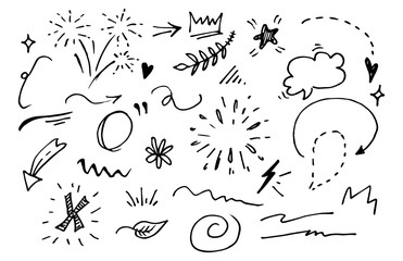 Poster - Vector hand drawn collection of design element. curly swishes, swoops, swirl, arrow, heart, love, crown, flower, star, firework, highlight text and emphasis element. use for concept design