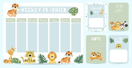 Wall Mural - cute animal weekly planner background with giraffe,tiger,lion,leopard.Vector illustration for kid and baby.Editable element