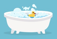 White Bathtub. Cartoon Clean Cute Hot Bath With Bubble And Toys For Indoor Home Spa Relaxation Isolated Vector Illustration