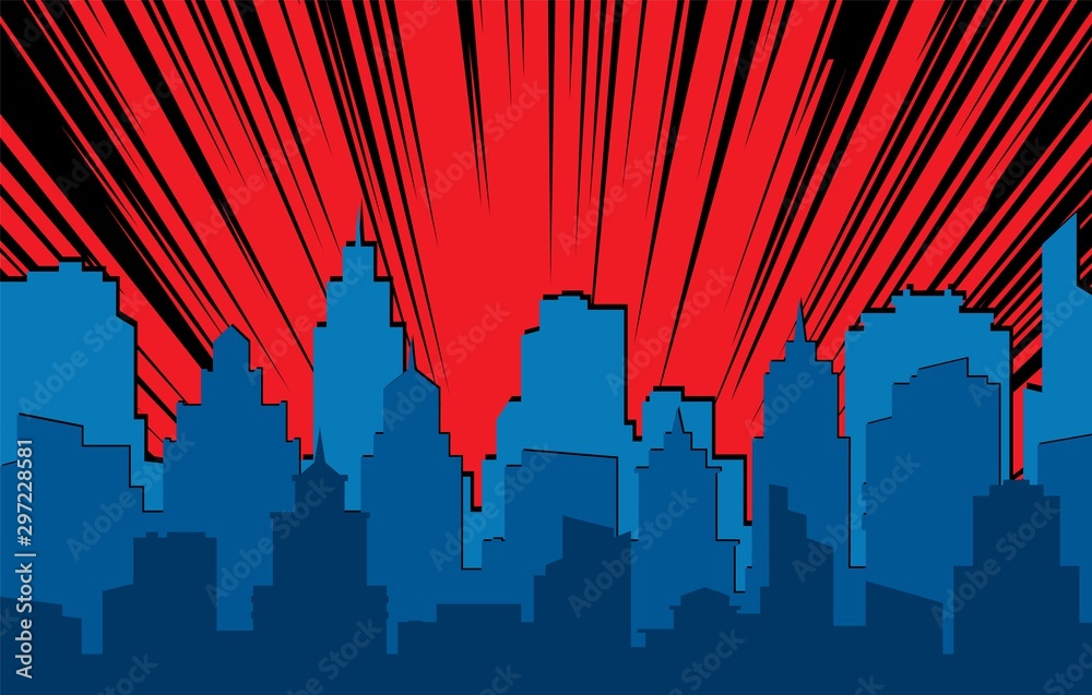 Comic cityscape. Retro urban silhouette of city buildings for art book comics with light effects vector scene background - obrazy, fototapety, plakaty 