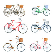 Bicycle Watercolor Isolated On White Background. Hand Drawn Painted For Design