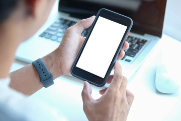 Wall Mural - cropped shot view of man hands holding smart phone with blank copy space screen for your text messag