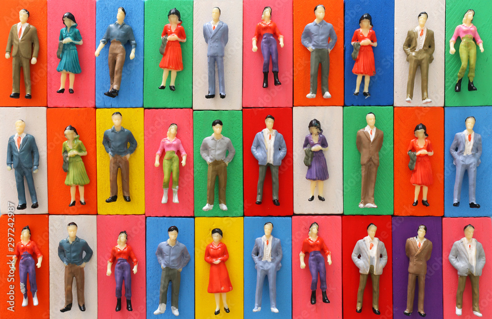 Concept background of people figures over colorful domino blocks. Idea of society and gender diversity - obrazy, fototapety, plakaty 