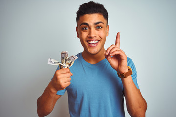 Young brazilian man holding dollars standing over isolated white background surprised with an idea or question pointing finger with happy face, number one