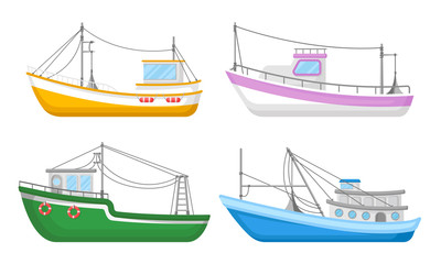 Wall Mural - yachts and commercial fishery ships vector illustrated set
