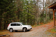 White Suv Car In Autumn Forest Bbq Place