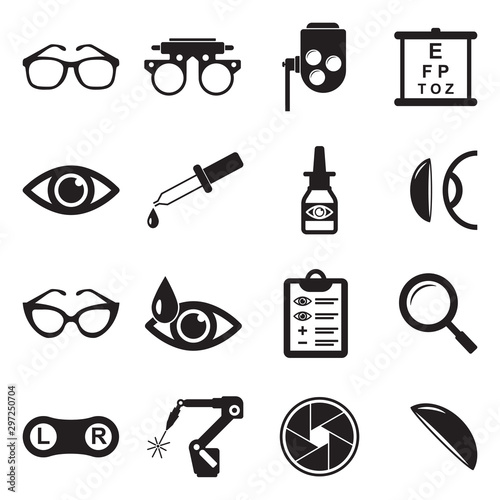 Cuadros en Lienzo Optometry Icons. Black Flat Design. Vector Illustration.