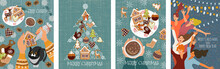 Set Of Vector Christmas Cards With Gingerbread Cookies, , Dancing People And Hands With Pastry Bag Decorating Pastries. Cute Flat Hand Draw Illustration