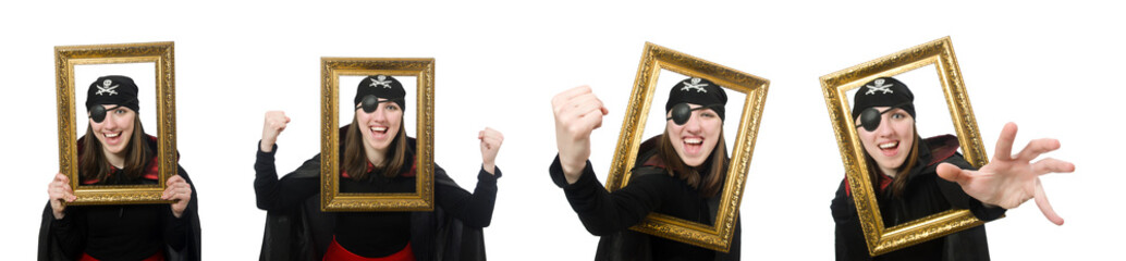 Female pirate in black coat holding photo frame isolated on whit