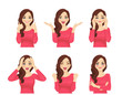 Set of young beautiful woman with different emotions. Facial expression with various gestures isolated vector illustration