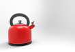 © PATARA - 3d rendering. Red metal kettle teapot on gray background.