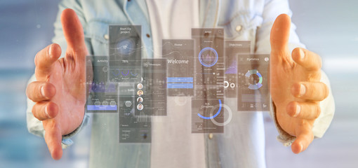 Poster - Businessman holding User interface screens with icon, stats and data 3d rendering