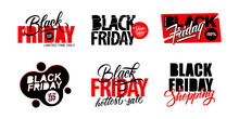 Black Friday Sale tags set with hand drawn lettering for business, black friday shopping, sale promotion, commerce and advertising. Vector illustration.