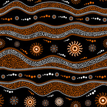 Australian Aboriginal Art Seamless Vector Pattern With Dotted Circles, Rings, Suns And Crooked Stripes