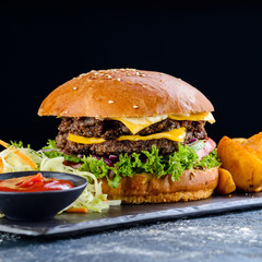 Sticker - Fresh homemade burger with grilled potatoes, served with ketchup sauce