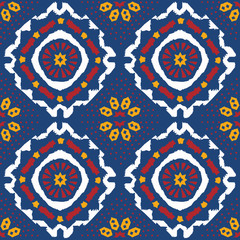 Wall Mural - Geometric folk seamless vector pattern with ikat ethnic print of striped ornament