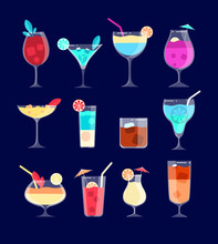 Cocktail Set. Iced Alcohol Drinks In Glasses With Straw, Lemon. Caipirinha, Whiskey And Mojito, Pina Colada Cocktail Vector Bar Drinks. Cocktail Alcohol, Whiskey And Refreshment Drink Illustration