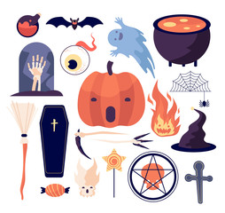 Poster - Halloween set. Spiderweb and pumpkin, bat and coffin, grave and moon, broom and skull, dead hand and candle, eye and fire vector set. Illustration scary halloween, skull and eyeball, fire and grave