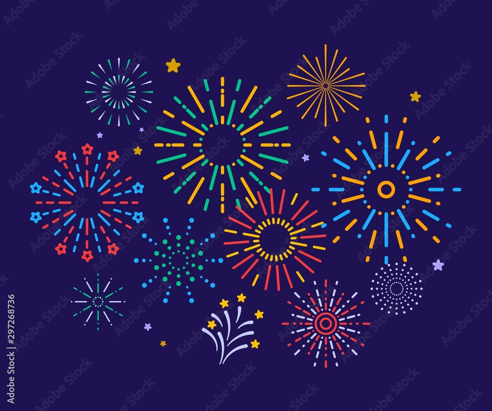 Colorful fireworks. Festive christmas pyrotechnics firecrackers. Xmas winter party festival salutes vector background. Illustration colorful firecracker to christmas carnival, sparkle festival - obrazy, fototapety, plakaty 