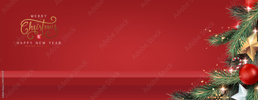 Christmas tree background and red shelf on the wall for display .Merry Christmas text Calligraphic Lettering Vector illustration. - obrazy, fototapety, plakaty 