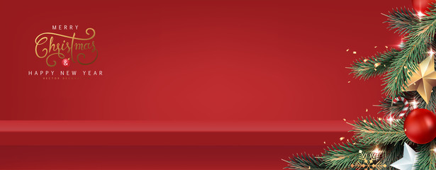 christmas tree background and red shelf on the wall for display .merry christmas text calligraphic l