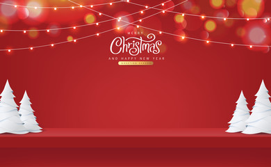 Christmas red shelf on the wall for display and Glowing lights. Merry Christmas text Calligraphic Lettering Vector illustration.