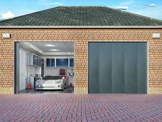 Wall Mural - Garage exterior with sectional doors. 3d illustration