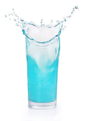 Sticker - blue splash in a glass beaker on a white background