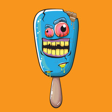 Vector Zombie Ice Cream With Brain And Red Eyes Isolated On Orange Background. Halloween Blue Monster Ice Cream Zombie Character.
