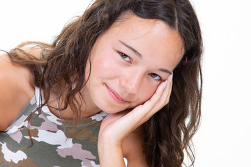 Wall Mural - Portrait closeup pretty girl over white background