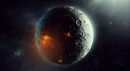 planet with human settlement seen from space, futuristic space 3d illustration