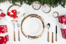 Close Up Beautiful Christmas Table Setting With Decorations