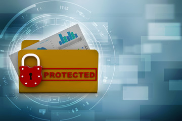 Poster - Yellow folder and lock. Data security concept. 3D rendering